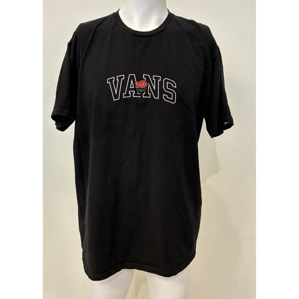 Vans Graphic T Shirt Mens L Black Short Sleeve Embroidered Rose Spellout Casual